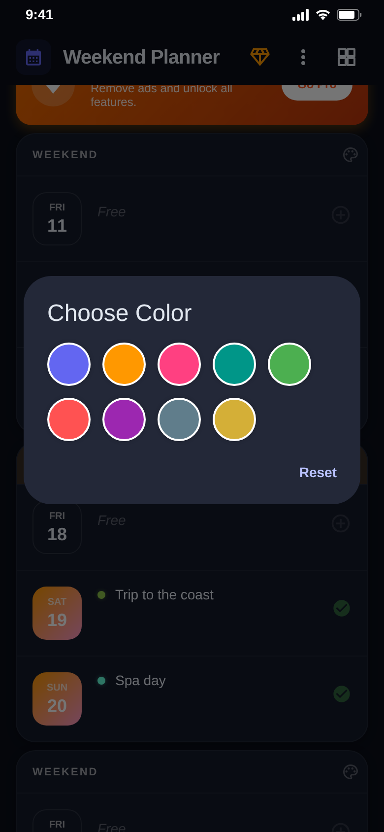 Color picker with nine colors for a single weekend