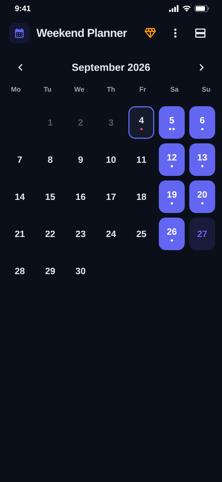 Month calendar with every weekend marked and dots on the days that have plans