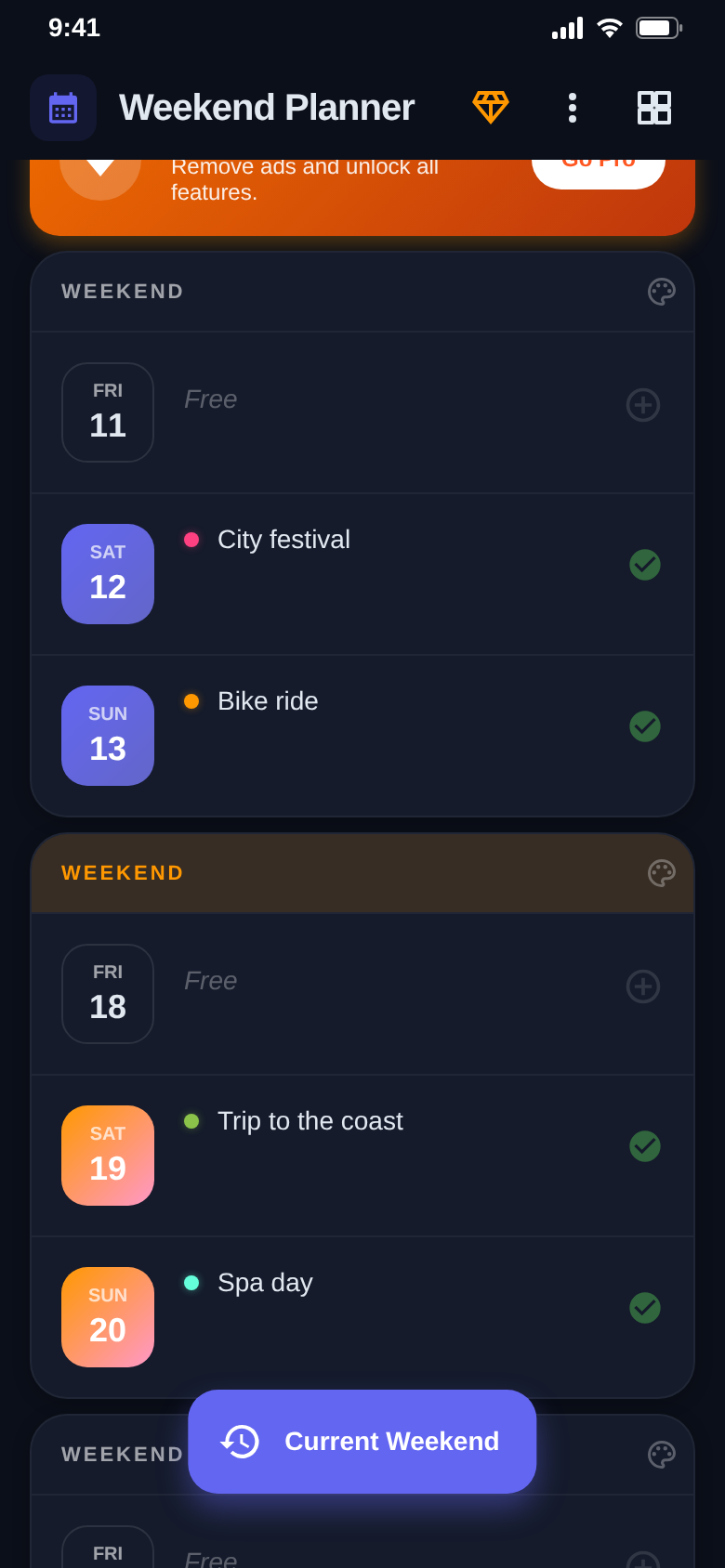 Several weekends below each other with the button that jumps back to the current weekend